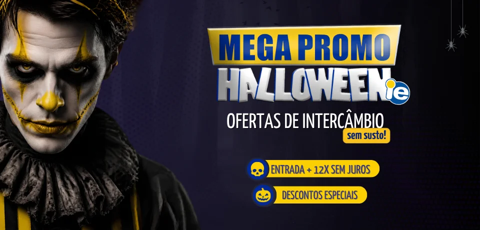 Mega Promo Halloween IE — ofertas de intercâmbio sem susto! Entrada + 12x sem juros e descontos especiais.
