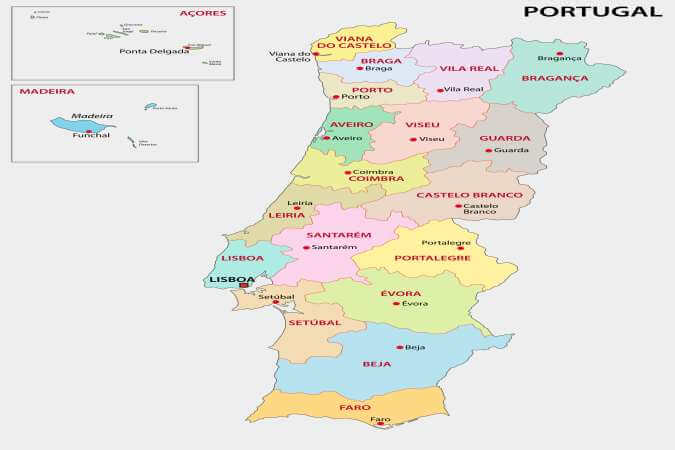 1: Mapa de Portugal continental com a identificação dos distritos